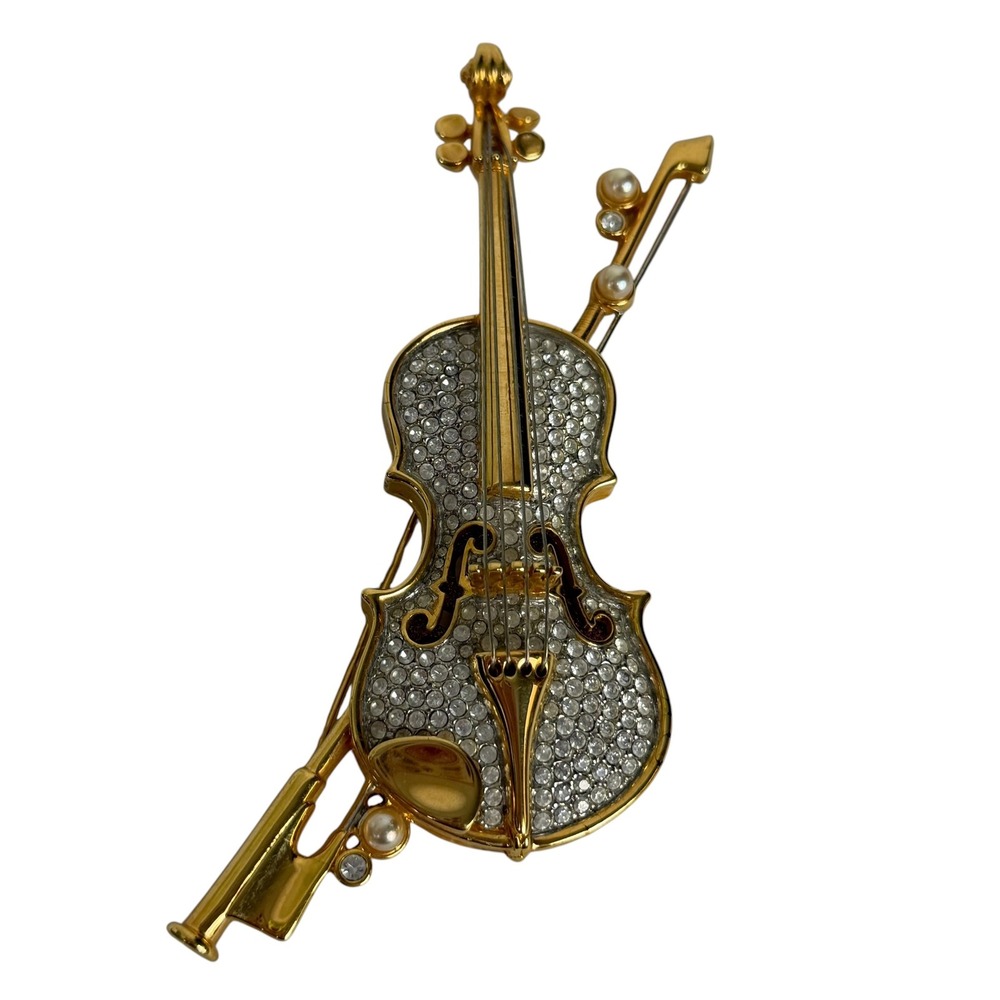 Vintage Swavorski Crystal Gold Tone Violin Brooch Pin with Faux Pearls Jewelry